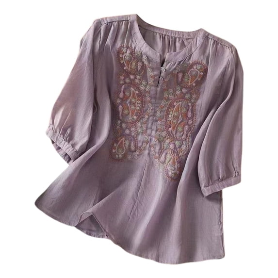 T-Shirts For Women Embroidered Tops For Floral Cotton Linen Tunic Tshirt Tee 3/4 Sleeve V Neck Button Boho Ethnic Womens Tops