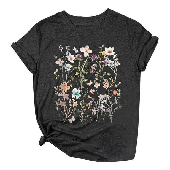 T Shirts For Women Fashion Floral Print Crew Neck Short Sleeve Loose Fit Top Pullover Tshirts