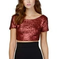 thumbnail image 1 of T-Shirts For Women Fashion O-Neck Solid Sequins Short Sleeve Short Navel Top Blouse Tee Womens Tops, 1 of 6