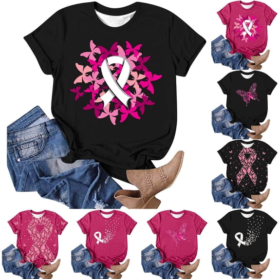 T Shirts For Women Fashion Tees Tops Breast Cancer Awareness Month Inspiring Pink Ribbon Graphic Summer Clothes