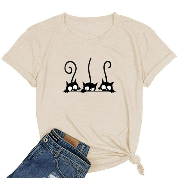 T Shirts For Women Fashion Tees Tops Cute Cartoon Cat Short Sleeve Summer Crew Neck 2025 Fall Clothes