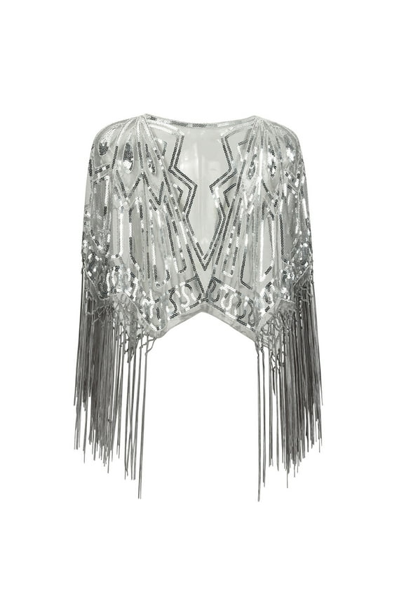 T Shirts For Women Fashion Tees Tops Flapper Sequin Fringe Shawl 1920s Beaded Cape Party Shrug Wrap Gift Clothes Silver