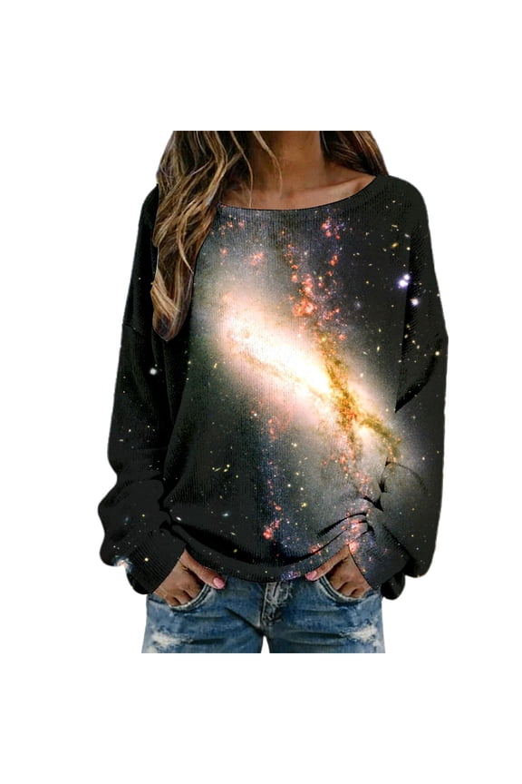 T Shirts For Women Fashion Tees Tops Galaxy Starry Knitted Ribbed Long Sleeve Elegant Casual Crewneck Clothing Pink