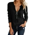 thumbnail image 1 of T Shirts For Women Fashion Tees Tops Half Zipper Long Sleeve V Neck Solid Knit Plus Size Outfits, 1 of 4