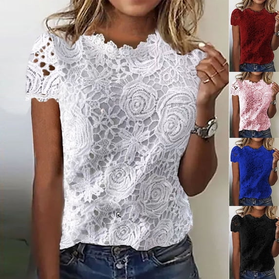 T Shirts For Women Fashion Tees Tops Lace Flower Ruffle Hem Short Sleeve Solid Gift Clothes Blue