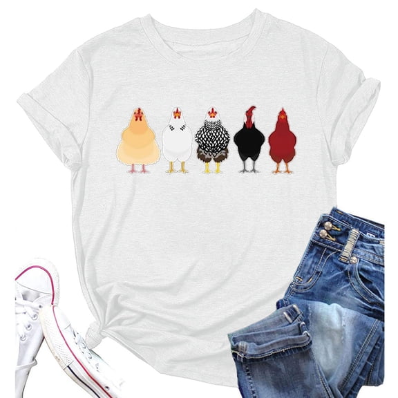 T Shirts For Women Fashion Tees Tops Letter Print Short Sleeves Funny Chicken Graphic Plus Size Clothes