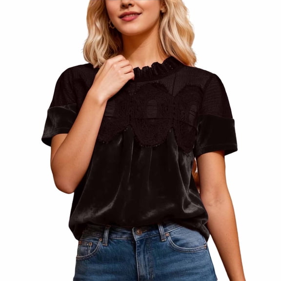 T Shirts For Women Fashion Tees Tops Mesh Velve Blend Short Sleeve Elegant Slim Fit Stretch Layer Clothes