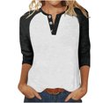 thumbnail image 1 of T Shirts For Women Fashion Tees Tops Patchwork 3/4 Sleeve Half Button V Neck Layer Clothes, 1 of 6