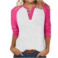thumbnail image 1 of T Shirts For Women Fashion Tees Tops Patchwork 3/4 Sleeve Half Button V Neck Trendy Outfits, 1 of 6