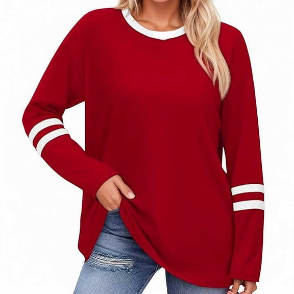 T Shirts For Women Fashion Tees Tops Round Neck Long Sleeved Striped Loose Patchwork Workout Clothes