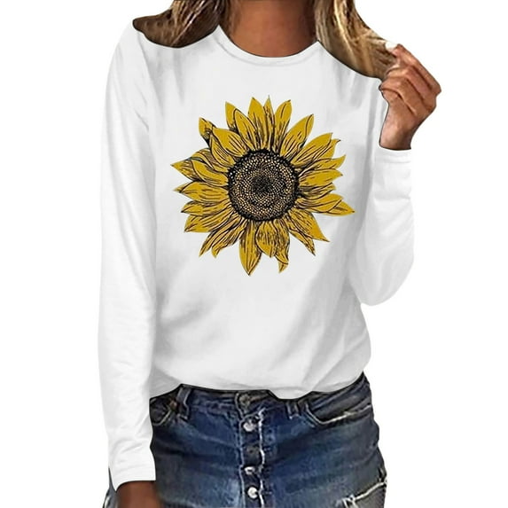T Shirts For Women Fashion Tees Tops Sunflower Round Neck Long Sleeve Loose Fit Fashion Clothing