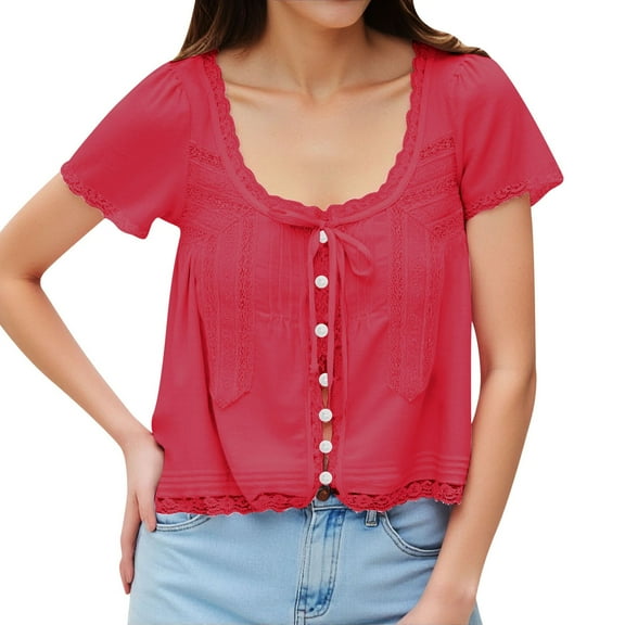 T Shirts For Women Fashion Tees Tops T Short Sleeve Round Neck Lace Hollow Out Detail Bow Tie Workout Clothes