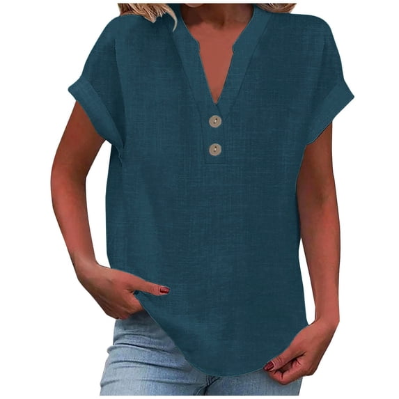 T-Shirts For Women Fashionable Casual Cotton Linen V Neck Button Short Sleeved Top T Shirt Womens Tops