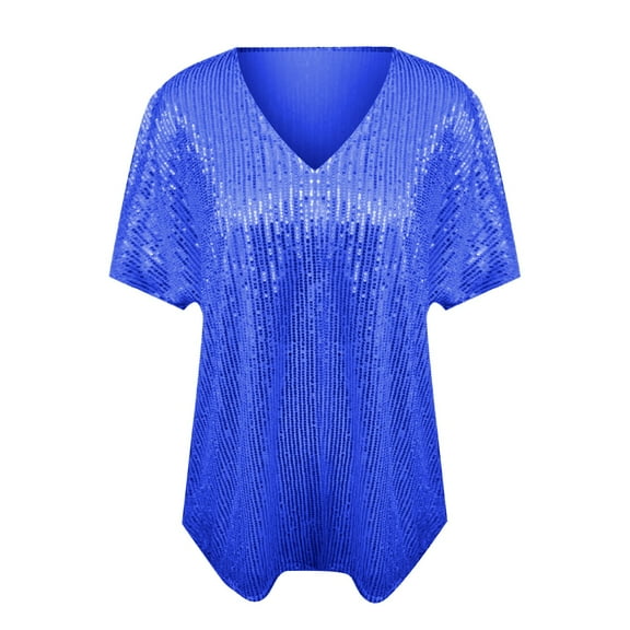 T-Shirts For Women Fashionable Spring And Summer Short Sleeved V Neck Solid Color Sequined T Shirt Womens Tops