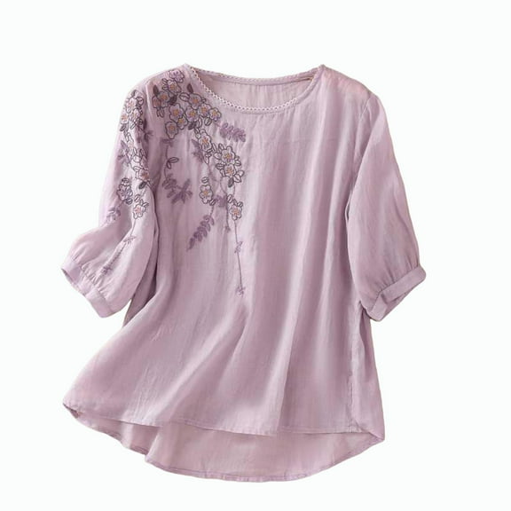 T-Shirts For Women Floral Embroidered Tops Cotton Linen Shirts Boho Ethnic Style Tee 3/4 Sleeve V Neck Button Tunic Tshirt Womens Tops