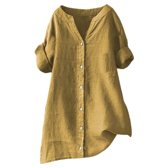 T Shirts For Women Gold Womens Tops Fashion Loose Button Stand Solid Color Sleeve Collar Casual Pocke Summer Tops