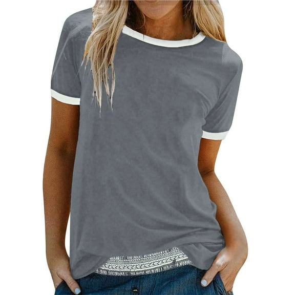 T Shirts For Women Gray Womens Tops Fashion Crew Neck Contrast Binding Short Sleeve Tee Summer Tops