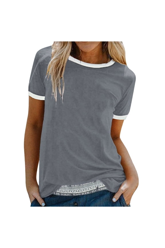 T Shirts For Women Gray Womens Tops Fashion Crew Neck Contrast Binding Short Sleeve Tee Summer Tops