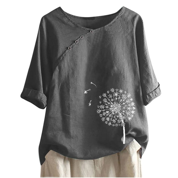 T Shirts For Women Gray Womens Tops Fashion Half Sleeve V Neck Side Button Floral Fit Printed Casual Linen Tee Blouse Summer Tops