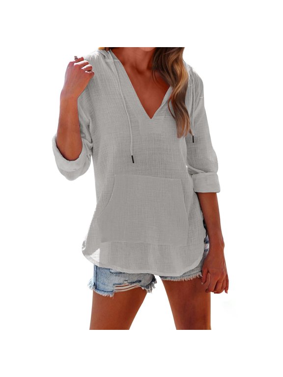 T Shirts For Women Gray Womens Tops Fashion Long Sleeve For V Neck Linen Lightweight Pullover Hoodie Swea Beach Cover Up