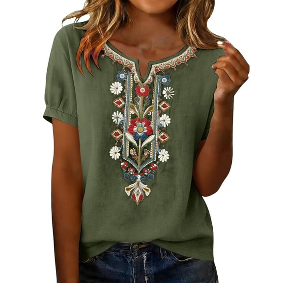 T Shirts For Women Green Womens Tops Fashion Casual Embroidered Short Sleeve Summer Tops