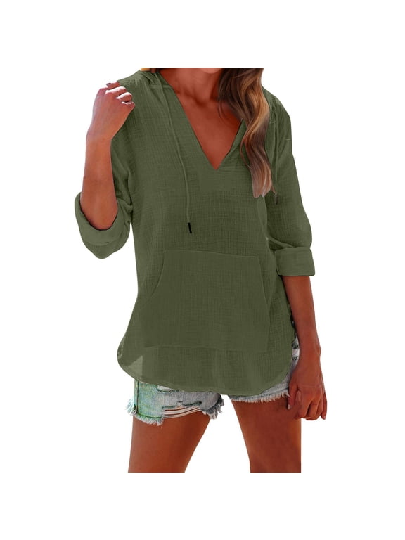 T Shirts For Women Green Womens Tops Fashion Long Sleeve For V Neck Linen Lightweight Pullover Hoodie Swea Beach Cover Up