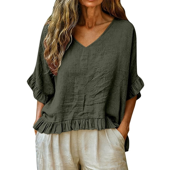 T Shirts For Women Green Womens Tops Fashion V Neck 3/4 Length Sleeve Loose Fit Tees Lightweight
