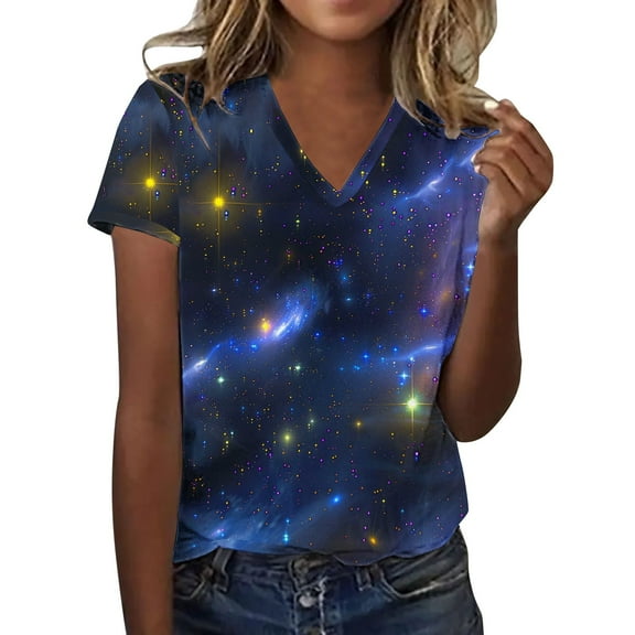 T-Shirts For Women Ladies 3D Glitter Printed Star Carnival V Neck Short Sleeved T Shirt Womens Tops