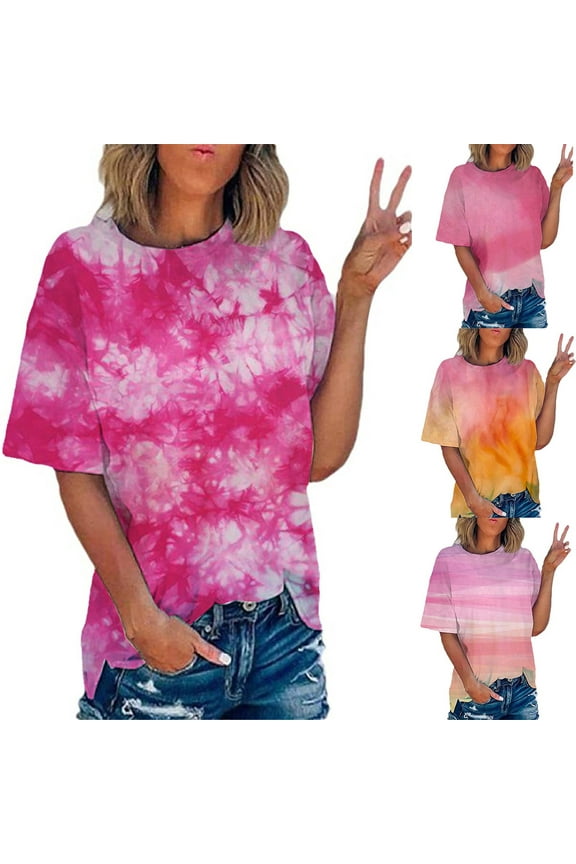 T Shirts For Women Ladies Gradient Tie Dye Printing Graphic Tees Trend Short Sleerainbowes Summer Tops Hot Pink Loose Fit Blouses XL