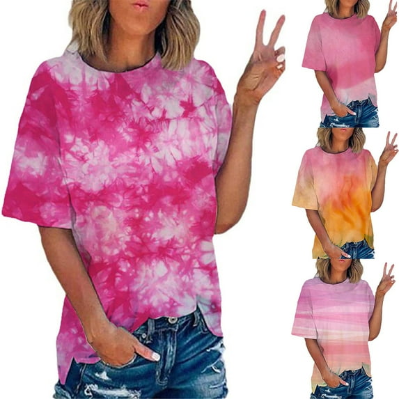 T Shirts For Women Ladies Gradient Tie Dye Printing Graphic Tees Trend Short Sleerainbowes Summer Tops Orange Gym Workout Y2K Clothes XXL