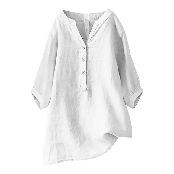 T-Shirts For Women Loose Button Shirt Stand Up Collar Solid Color 7 Sleeve Neck Casual T Shirt Womens Tops