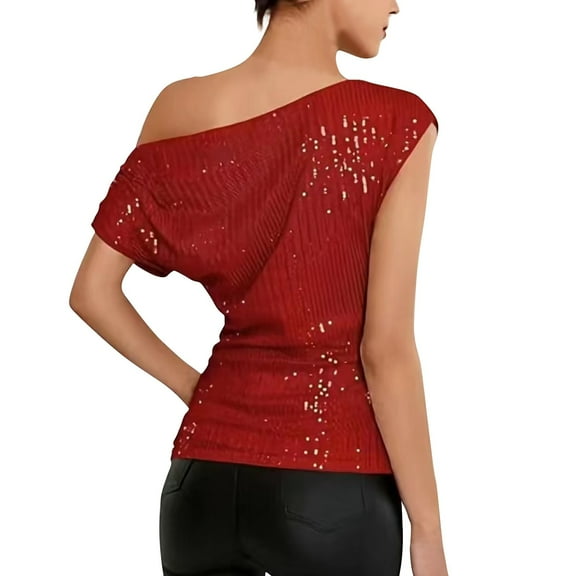T-Shirts For Women One Shoulder Sequin Glitter Top Pleated Asymmetric Glitter Top Slim Fit Glitter Party Shirt Womens Tops
