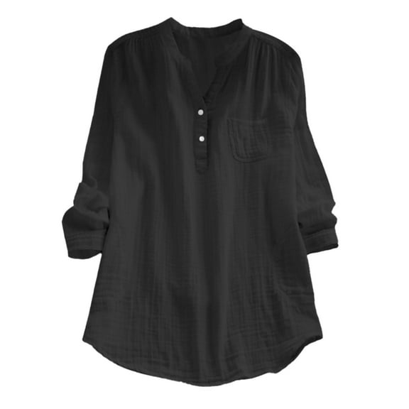 T-Shirts For Women Pocket Solid Color V Neck Cotton Long Sleeved Loose Casual Shirt Womens Tops