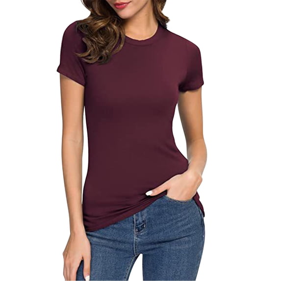 T Shirts For Women Red Womens Tops Fashion Basic Solid Color Crew Neck Short Sleeve Long Tee Summer Tops