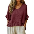 thumbnail image 1 of T Shirts For Women Red Womens Tops Fashion V Neck 3/4 Length Sleeve Loose Fit Tees Lightweight, 1 of 5