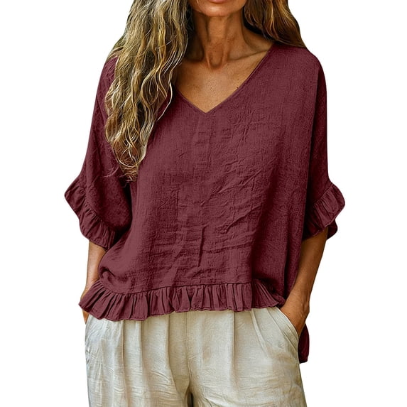 T Shirts For Women Red Womens Tops Fashion V Neck 3/4 Length Sleeve Loose Fit Tees Lightweight