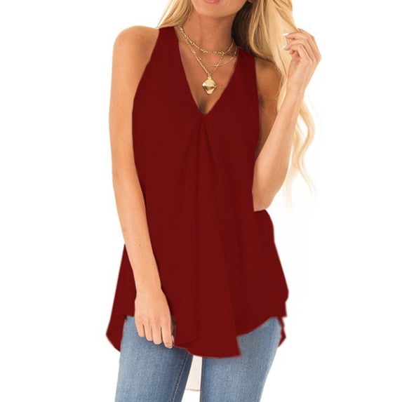 T Shirts For Women Red Womens Tops Fashion V Neck Sleeveless Solid Chiffon Casual Loose Tank Flowy Summer Tops