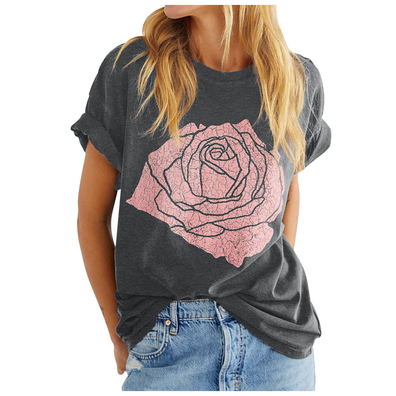 Rose Graphic Round Neck Short Sleeve T-Shirt