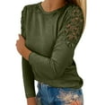 thumbnail image 1 of T Shirts For Women Round Neck Solid Color Hollow Out Lace Long Sleeved T Shirt Spring Summer Tee Shirt Tops, 1 of 4