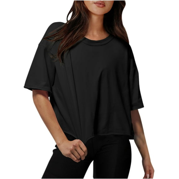 T-Shirts For Women Sevevn Women Drop Shoulder Round Neck Oversized Crop Workout Tees Womens Tops Casual