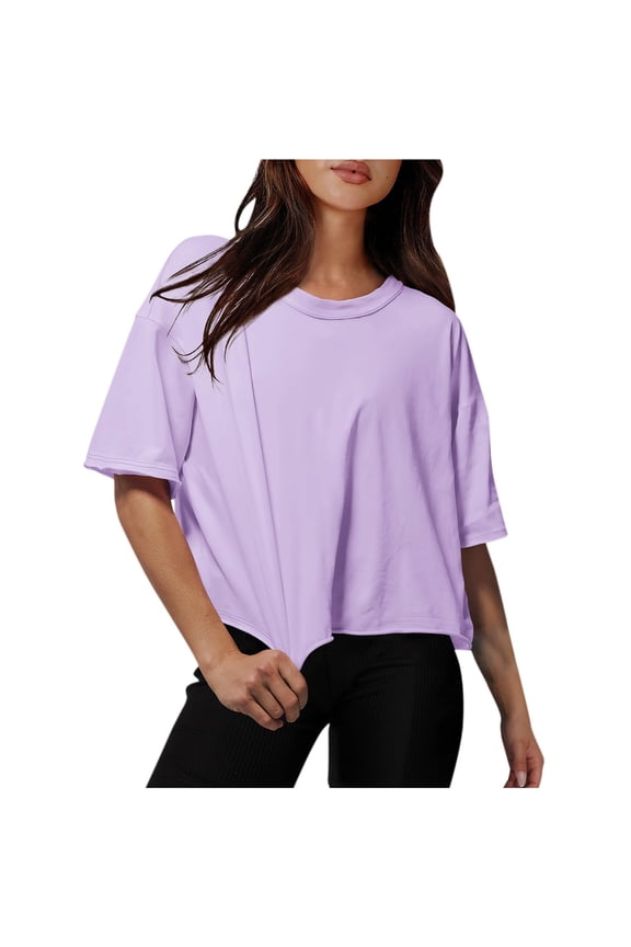 T-Shirts For Women Sevevn Women Drop Shoulder Round Neck Oversized Crop Workout Tees Womens Tops Casual