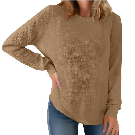 T Shirts For Women Sevevn Women's Crew Neck Long Sleeve Shirts Waffle Knit Loose Tops Basic Tees 2025 Casual Comfy Fall Outfits Clothes