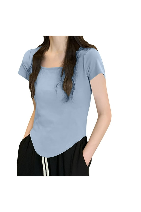 T-Shirts For Women Sevevn Women's New Solid Color Round Neck Short Sleeve Low Cut Casual Blouse T-shirt Tops For Women Trendy