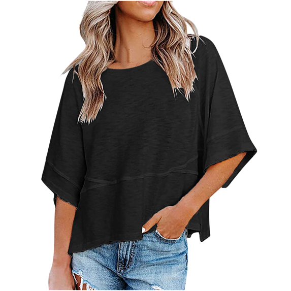 T-Shirts For Women Sevevn Women's Summer Patchwork Solid Color Round Neck Five-point Flared Sleeves Loose Top T-Shirt