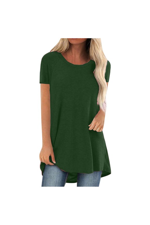 Summer Shirts for Women T Shirts For Women Spring And Summer Solid Color Rag Shoulder Long T Shirt Loose Short Sleeved Pullover Top Crew Neck Womens Summer Tops Workout Tops For Women