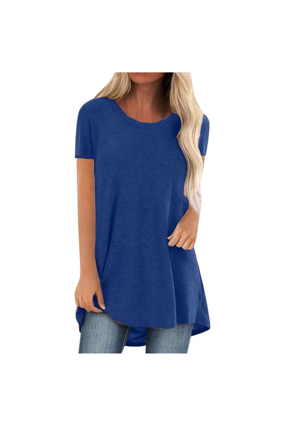 Summer Shirts for Women T Shirts For Women Spring And Summer Solid Color Rag Shoulder Long T Shirt Loose Short Sleeved Pullover Top Crew Neck Womens Summer Tops Workout Tops For Women