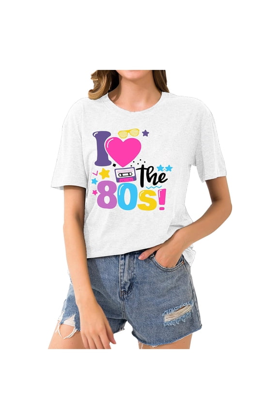 T-Shirts For Women Summer Round Neck Retro 80s Loose Casual Short Sleeved Top Womens Tops