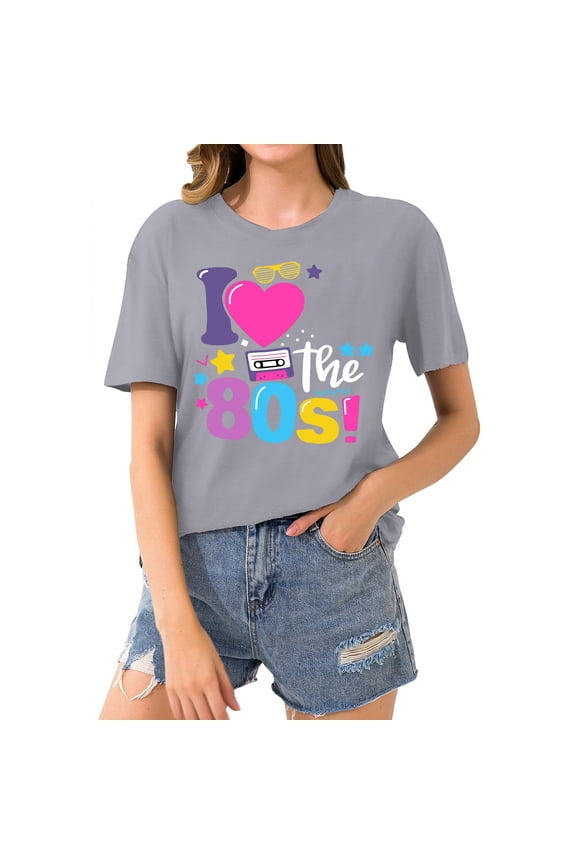 T-Shirts For Women Summer Round Neck Retro 80s Loose Casual Short Sleeved Top Womens Tops