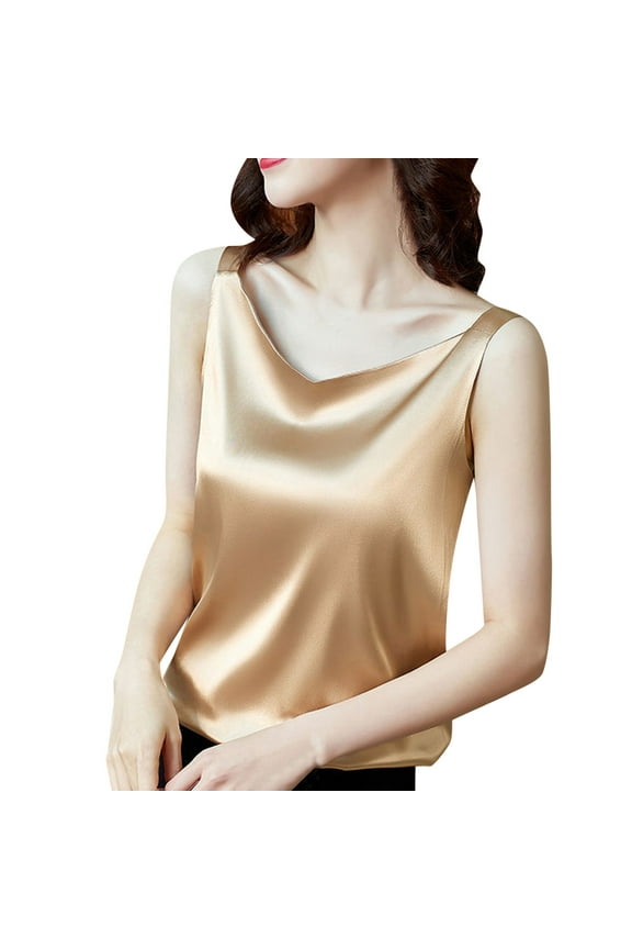 T Shirts For Women Trendy Dressy Casual Camisole Glossy Satin Sleeveless V Neck Lace Toggle Simple Cut Swea Womens T-Shirt