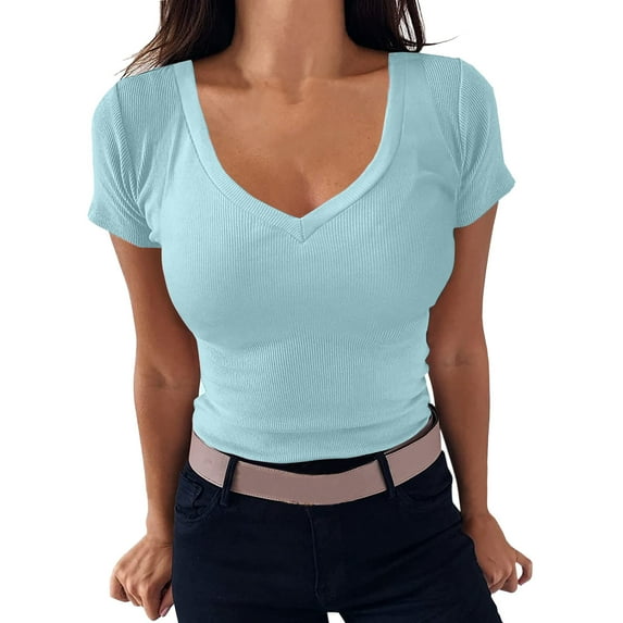 T Shirts For Women V Neck Tee Shirt Ribbed Fitted Tight Short Sleeve Shirt Basic Knit Blouse Womens Tops Light Blue S